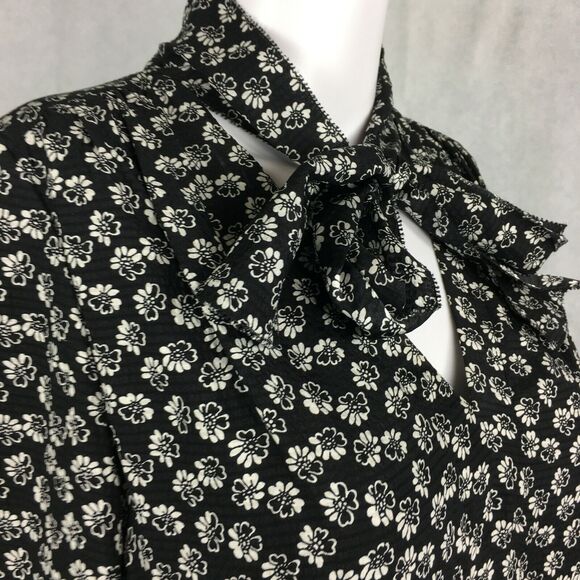 Rebecca Taylor Dress Womens Sz 0 Black White Floral Silk Long Sleeve Flowy Shift - Picture 5 of 11